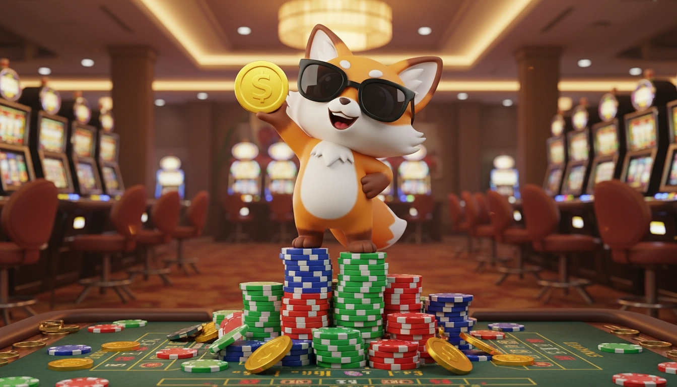 Casino mascot with sunglasses and chips introducing PayID online pokies