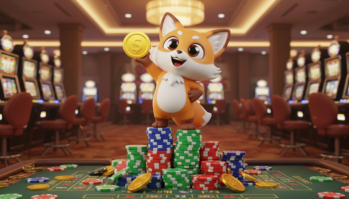 Casino mascot with sunglasses and chips introducing PayID pokies